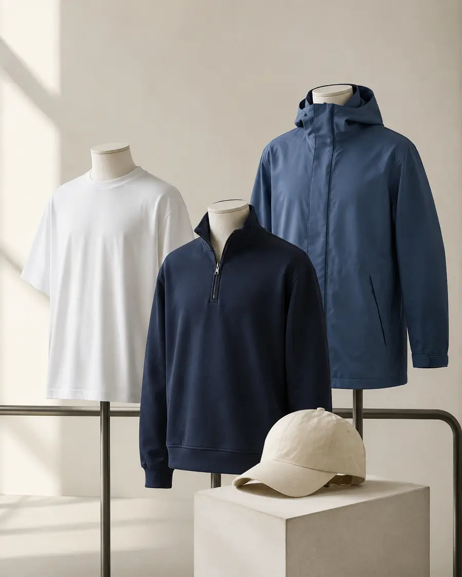 Heavyweight T-shirt, quarter-zip sweatshirt, waterproof parka and soft-nylon cap