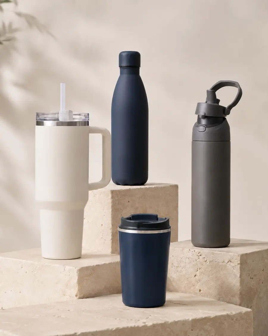 Premium drinkware collection with an unbranded navy Karnix travel cup